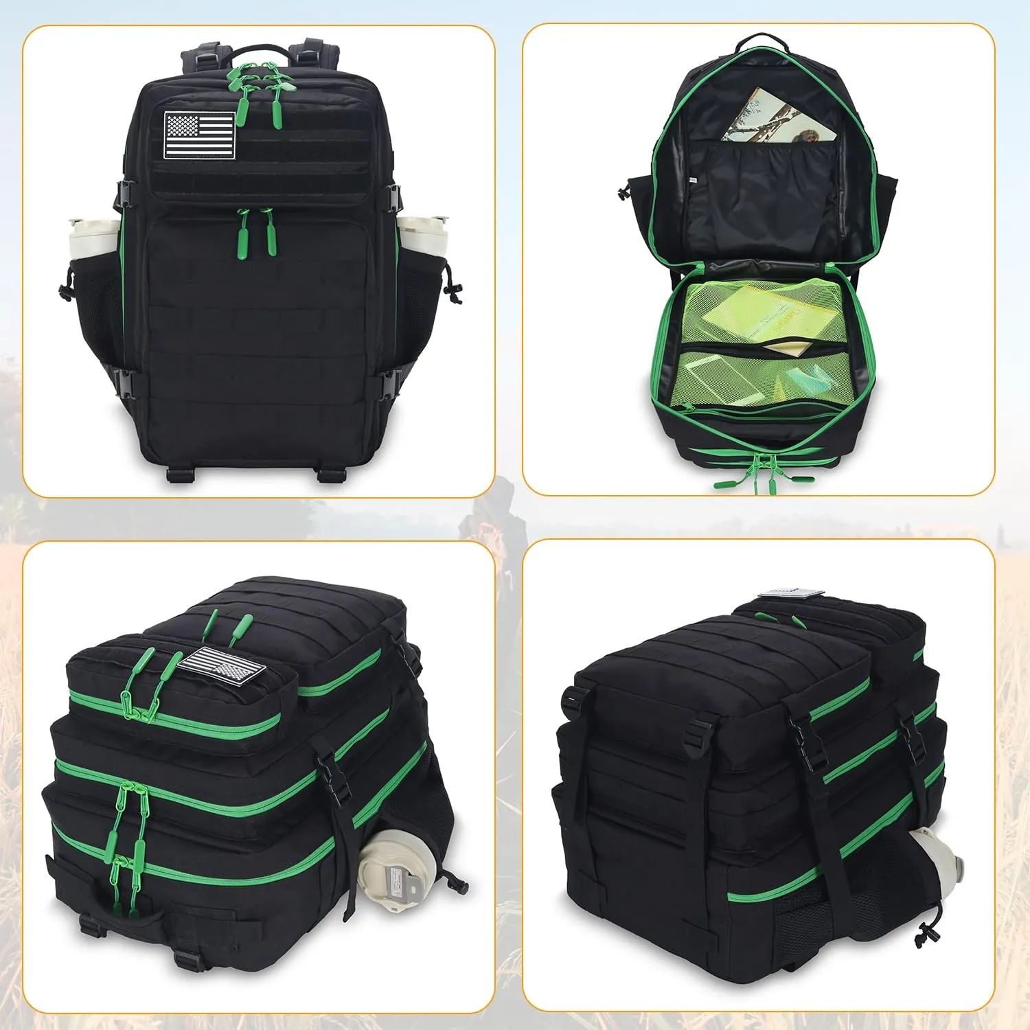 25L Tactical Military Backpack Small Travel Rucksack for Men and Women Assault Pack Bug Out Bag Molle Daypack Gym Backpack with Bottle Holder (Black Neon Green)