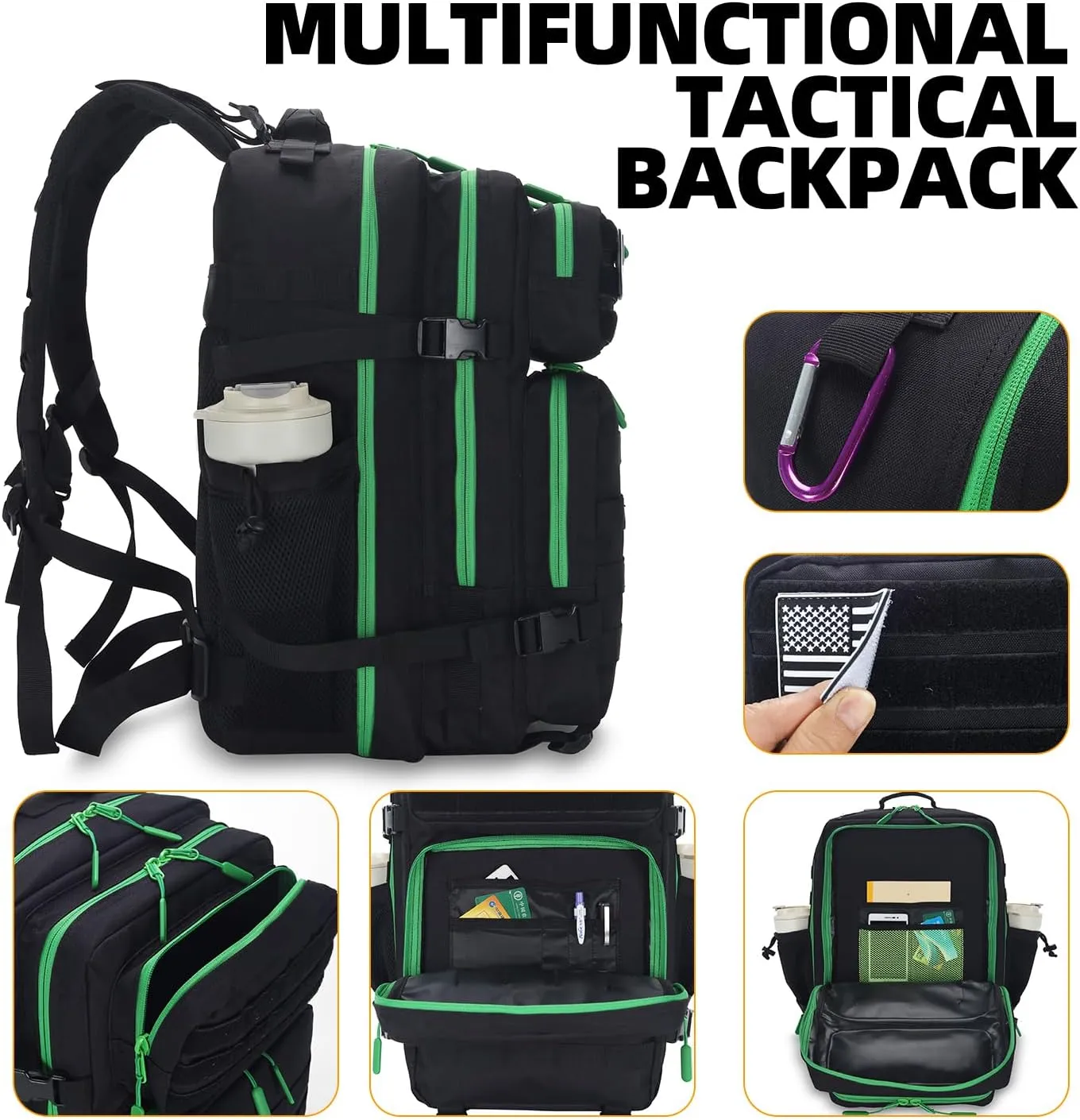 25L Tactical Military Backpack Small Travel Rucksack for Men and Women Assault Pack Bug Out Bag Molle Daypack Gym Backpack with Bottle Holder (Black Neon Green)