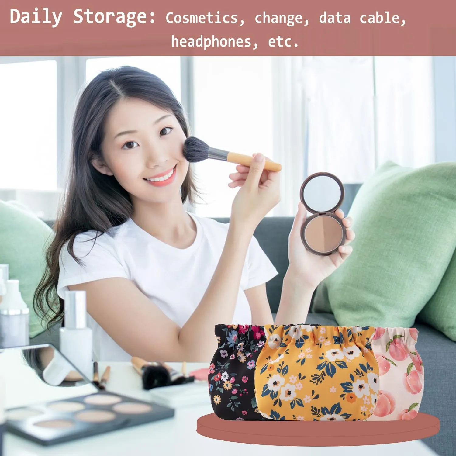 3Pcs Printed Pocket Cosmetic Bag,Lipstick Bag,Small Makeup Bag for Purse,Self-closing Waterproof Coin Purse,Lipstick Organizer for Women & GirlE