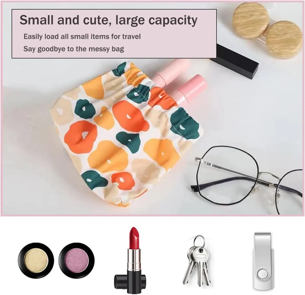 3Pcs Printed Pocket Cosmetic Bag,Small Cosmetic Bag for Purse,Pocket Cosmetic Bag Waterproof No Zipper Self-Closing Portable Travel Makeup Pouch (C)