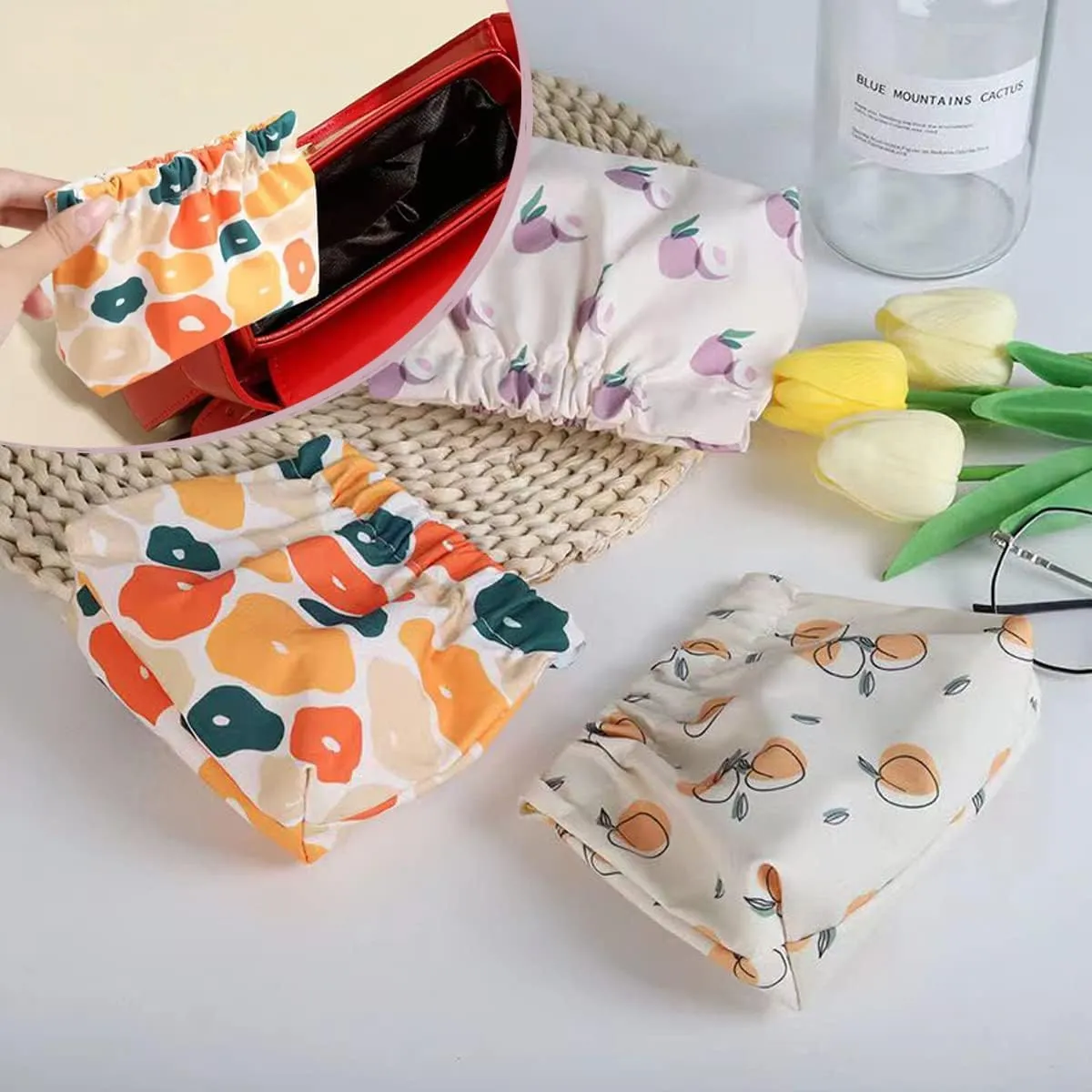 3Pcs Printed Pocket Cosmetic Bag,Small Cosmetic Bag for Purse,Pocket Cosmetic Bag Waterproof No Zipper Self-Closing Portable Travel Makeup Pouch (C)