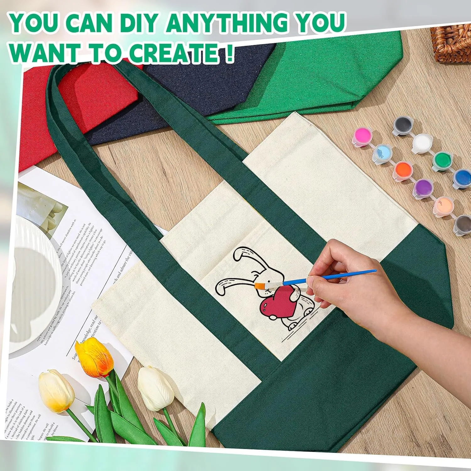Amylove 1 Pcs Mini Canvas Tote Bag with Pockets 13" x 11" Duty Canvas Sublimation Blank Small Bag Reusable Tote for Crafts DIY (Green)