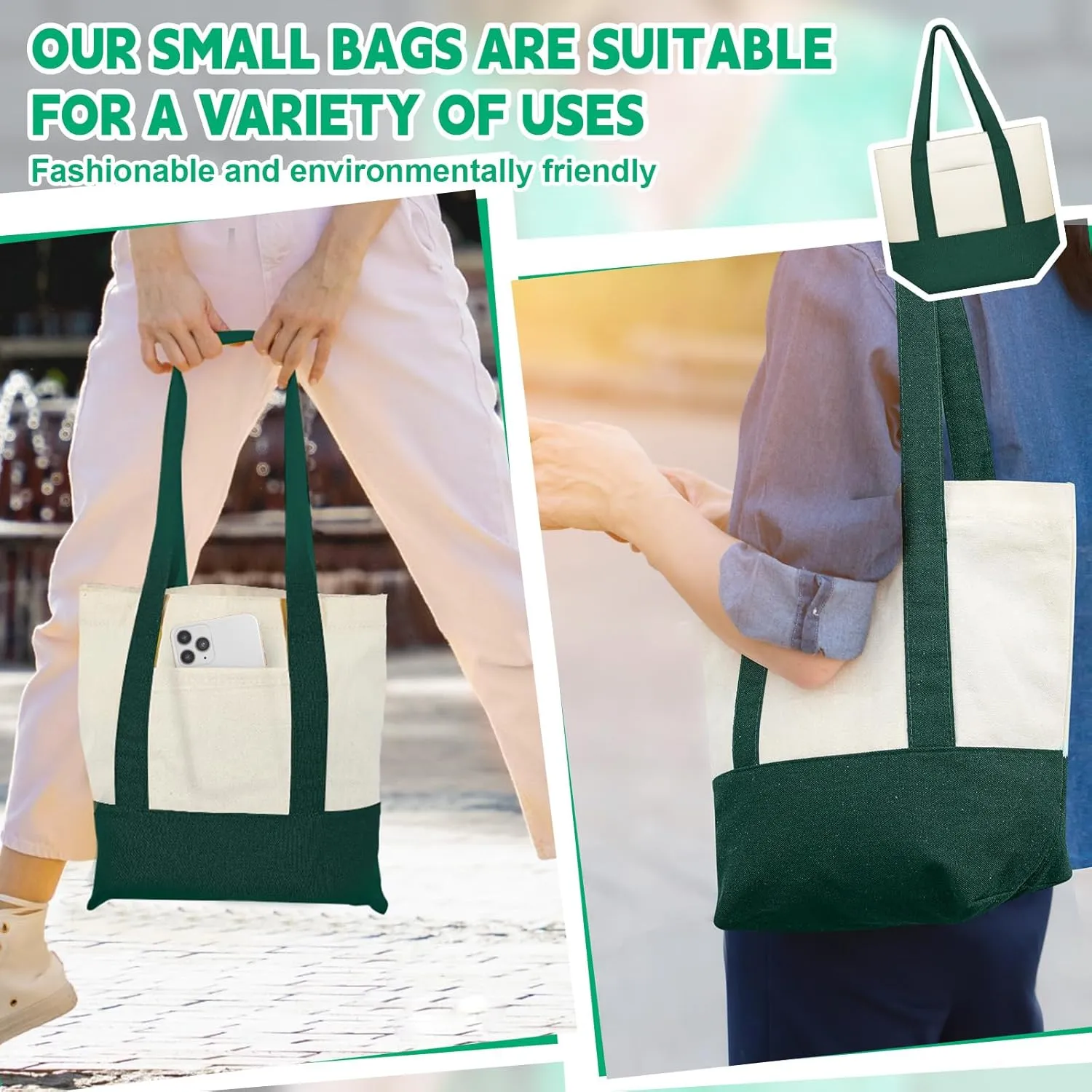 Amylove 1 Pcs Mini Canvas Tote Bag with Pockets 13" x 11" Duty Canvas Sublimation Blank Small Bag Reusable Tote for Crafts DIY (Green)