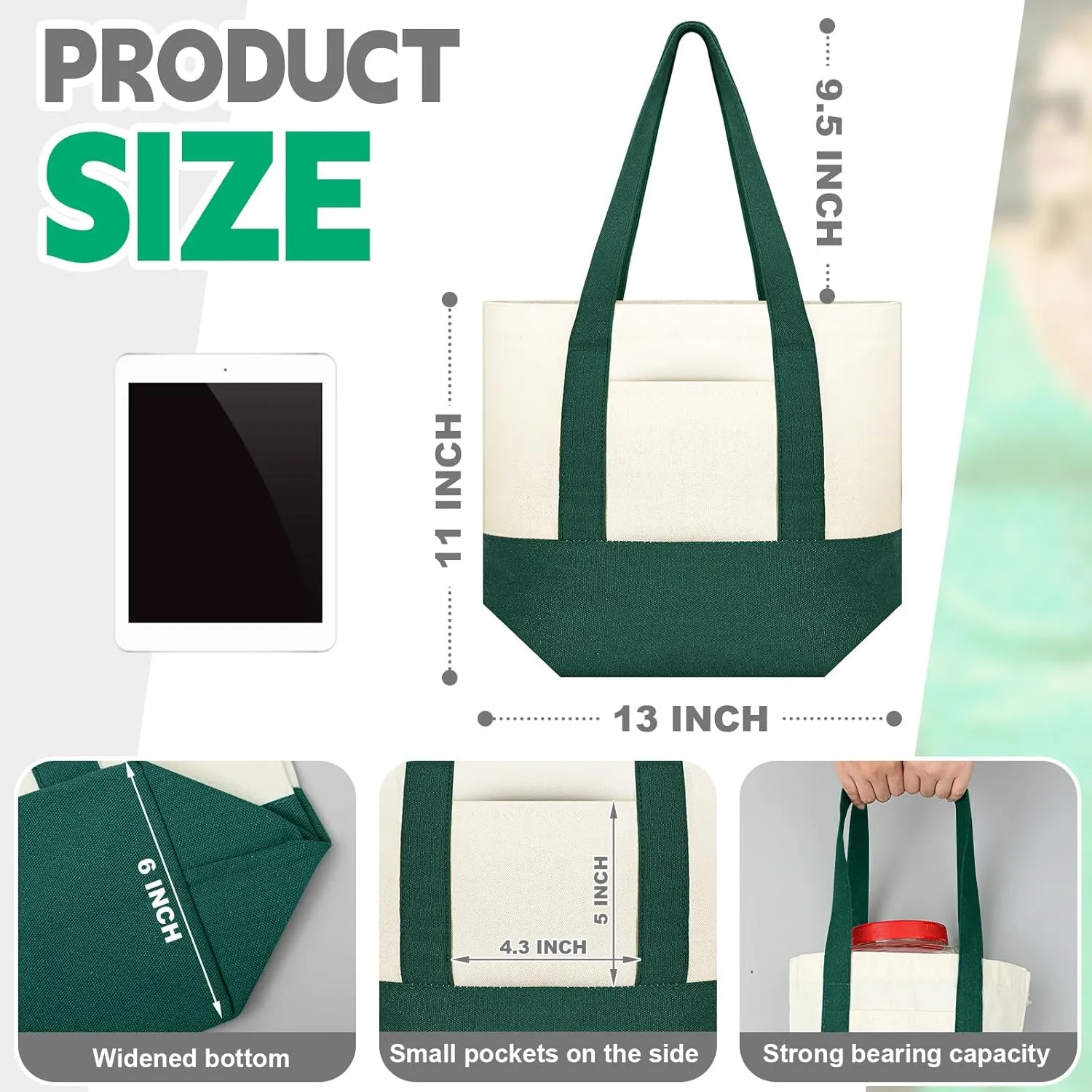 Amylove 1 Pcs Mini Canvas Tote Bag with Pockets 13" x 11" Duty Canvas Sublimation Blank Small Bag Reusable Tote for Crafts DIY (Green)