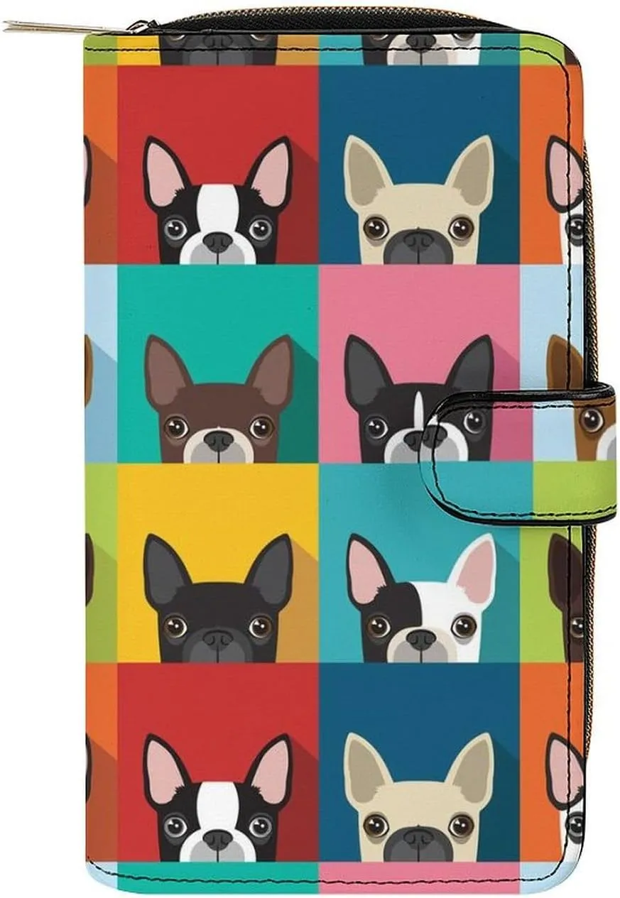 Boston Terrier Pattern Womens Wallet Zippered Long Clutch Purse Leather Card Holder RFID Blocking Bifold Clutch Handbag