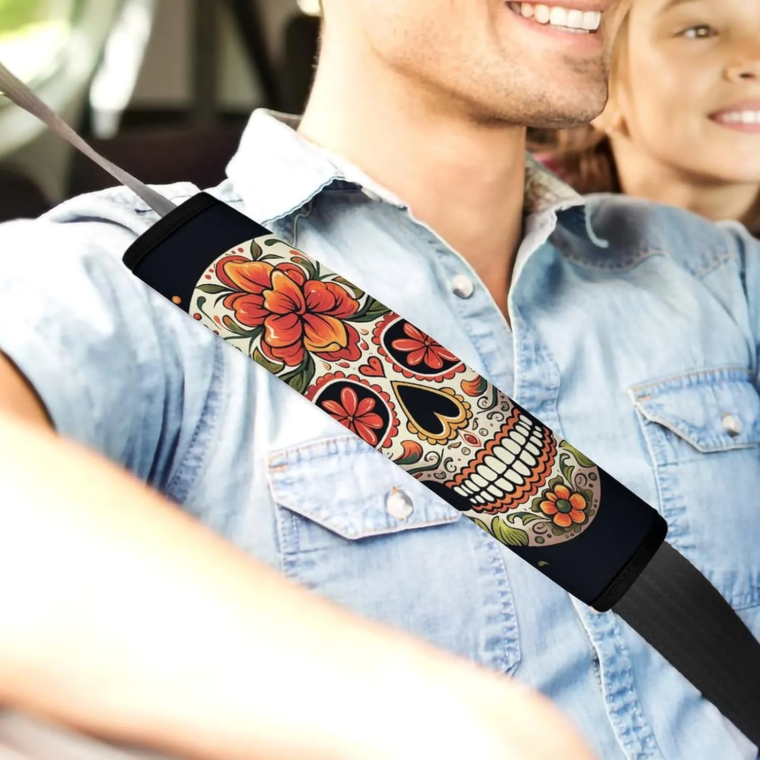 Colorful Sugar Skull Auto Seat Belt Cover 2PCS Universal Car Seat Belt Shoulder Protector Pad, Protect Your Shoulders and Neck for Car Seat Belt, Shoulder Bag, Backpack