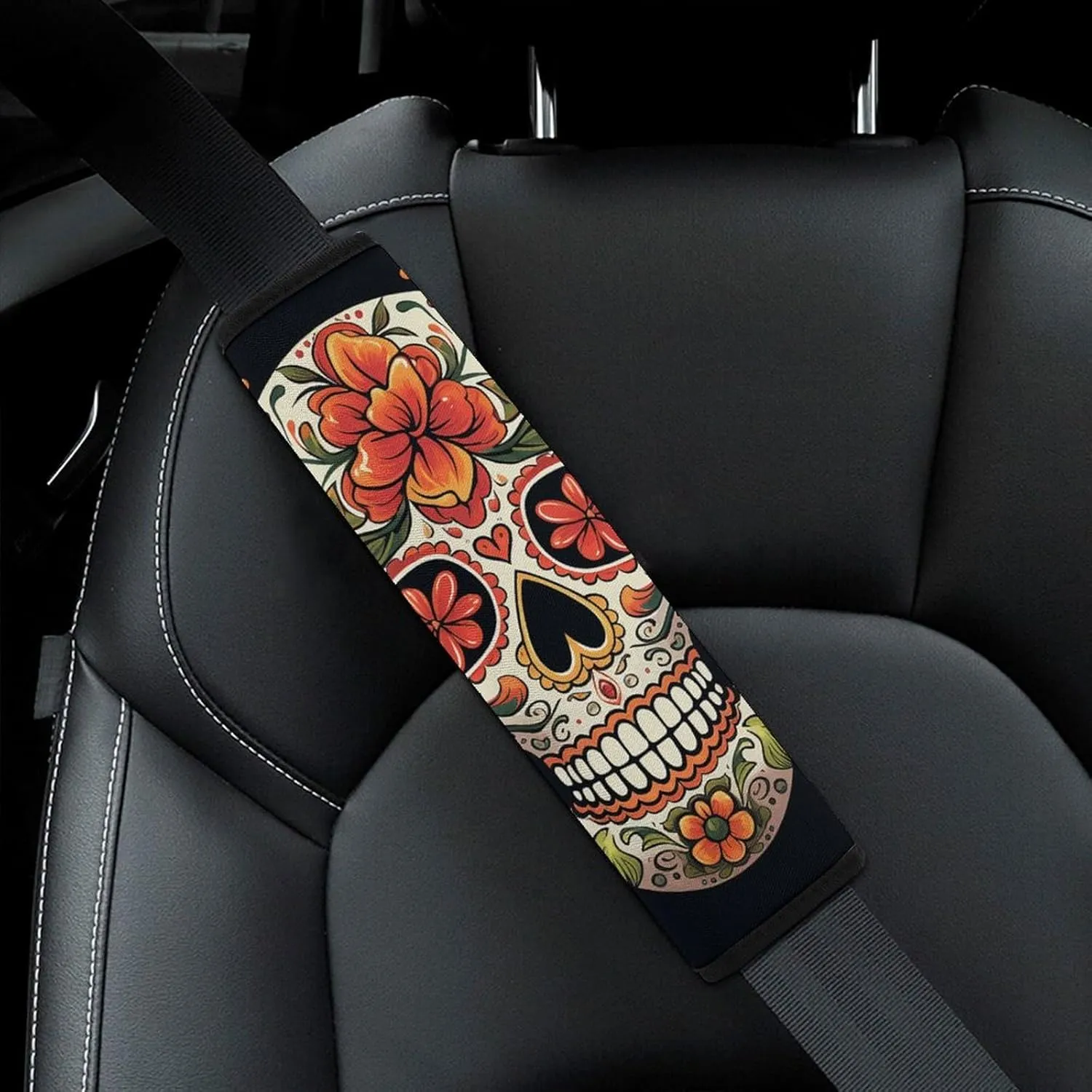 Colorful Sugar Skull Auto Seat Belt Cover 2PCS Universal Car Seat Belt Shoulder Protector Pad, Protect Your Shoulders and Neck for Car Seat Belt, Shoulder Bag, Backpack
