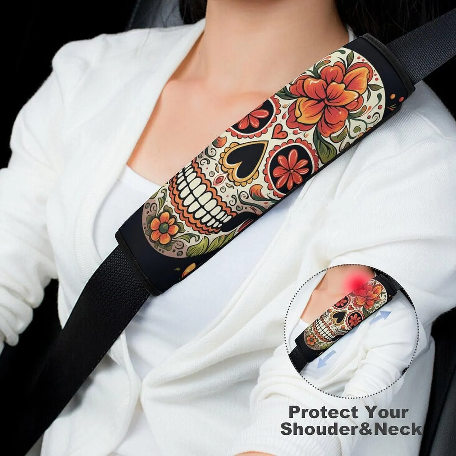 Colorful Sugar Skull Auto Seat Belt Cover 2PCS Universal Car Seat Belt Shoulder Protector Pad, Protect Your Shoulders and Neck for Car Seat Belt, Shoulder Bag, Backpack