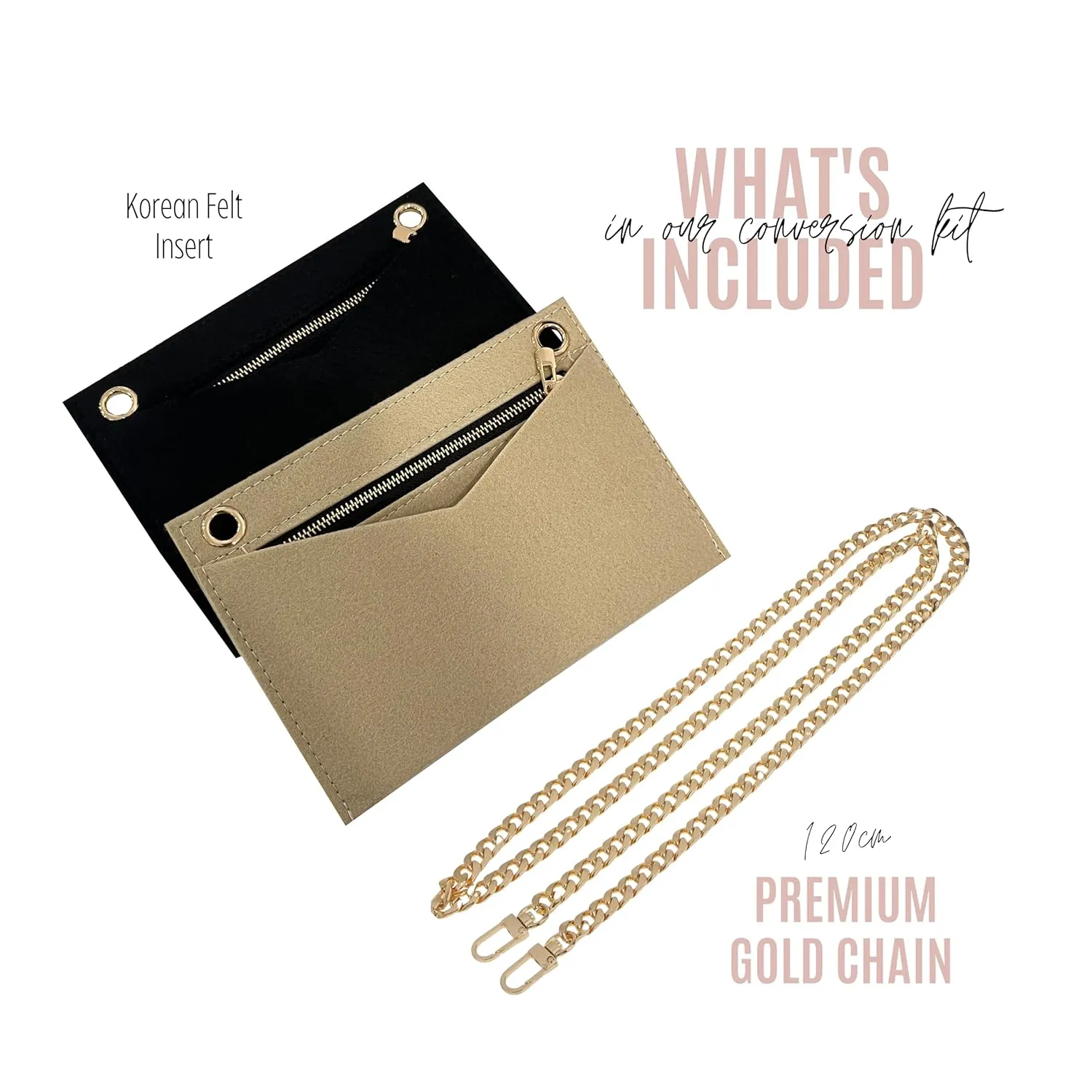 Conversion Kit compatible with Monogram Clutch, Insert with 120cm - 47" inches Premium Gold Chain, Wristlet Insert Wallet on Chain (Rouge Legion)