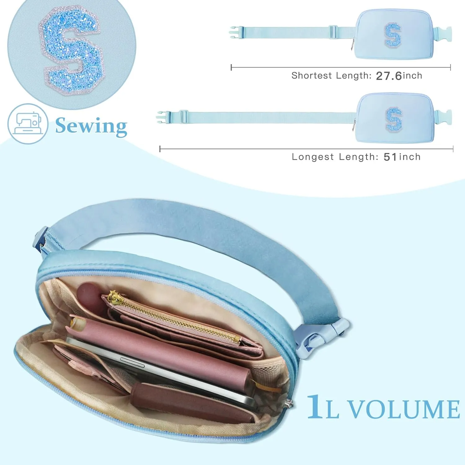 COSHAYSOO Initial Belt Bag Small Waist Fanny Pack Crossbody Purse with Letter Patch for Teen Girl Sister Cute Trendy Christmas Gift Idea Preppy Items Things Travel Must Have Pouch Blue (S)