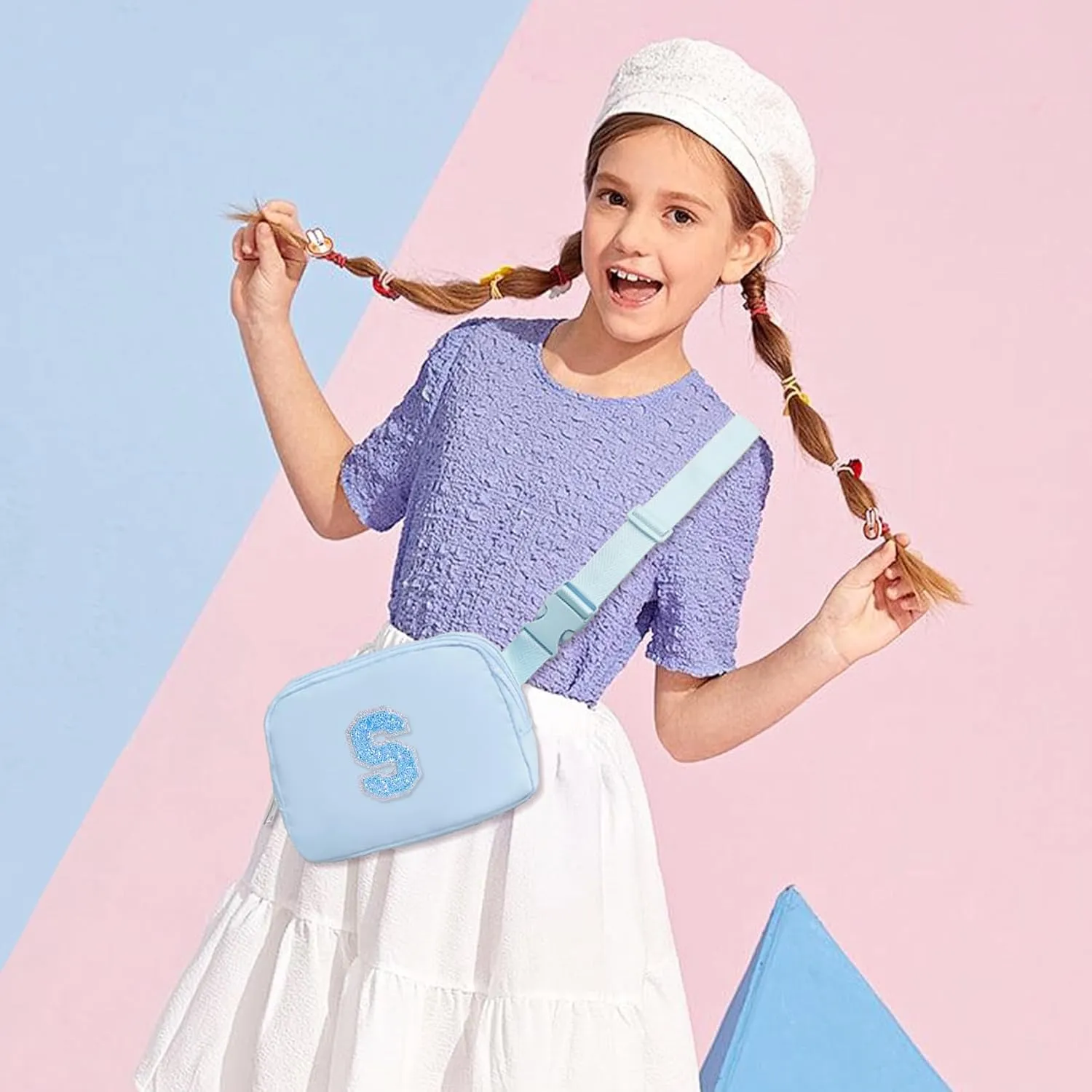 COSHAYSOO Initial Belt Bag Small Waist Fanny Pack Crossbody Purse with Letter Patch for Teen Girl Sister Cute Trendy Christmas Gift Idea Preppy Items Things Travel Must Have Pouch Blue (S)