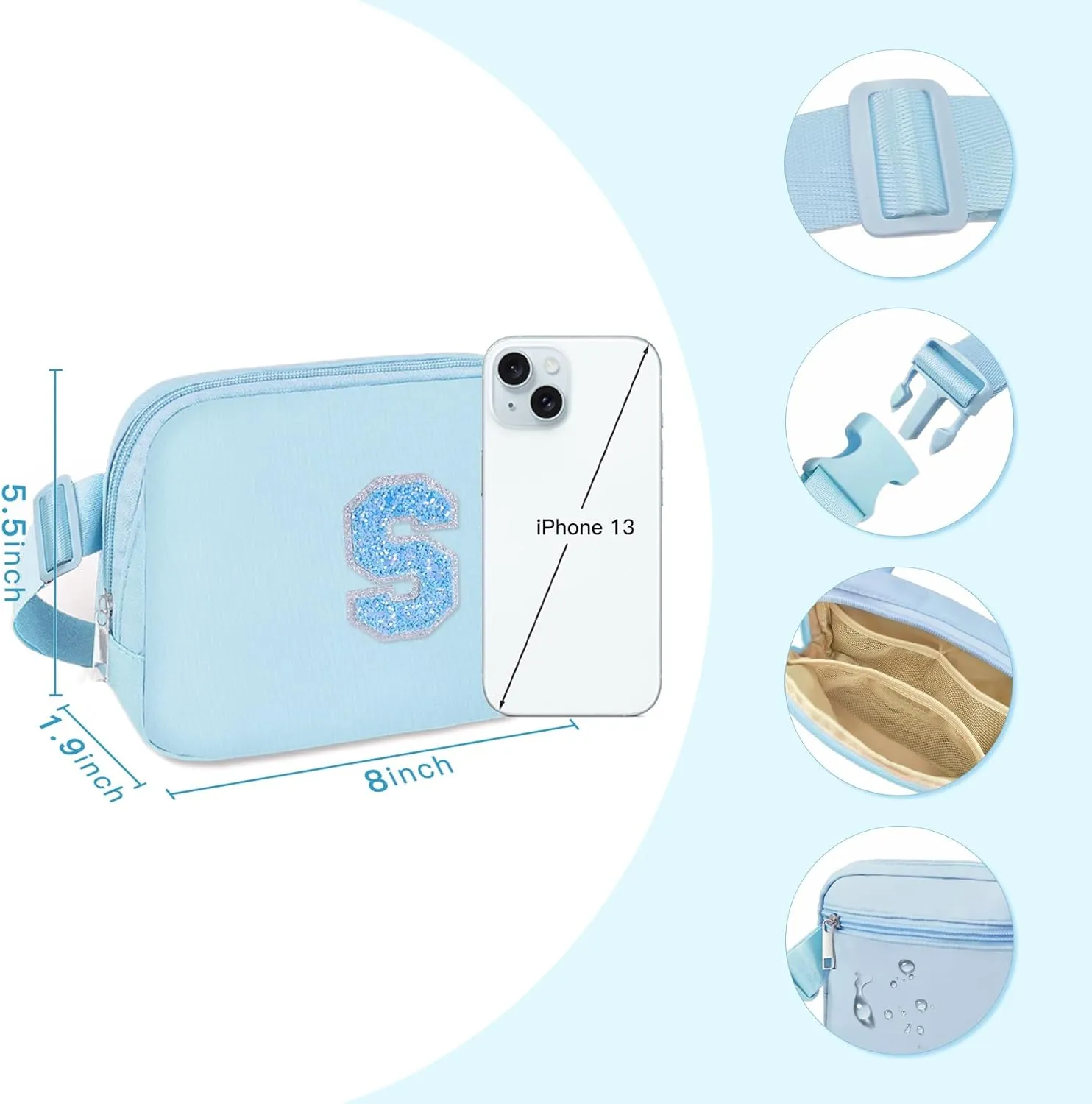COSHAYSOO Initial Belt Bag Small Waist Fanny Pack Crossbody Purse with Letter Patch for Teen Girl Sister Cute Trendy Christmas Gift Idea Preppy Items Things Travel Must Have Pouch Blue (S)