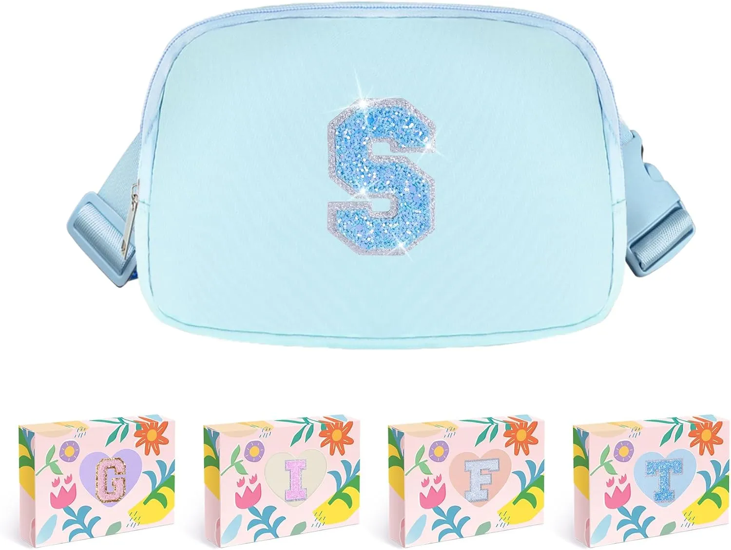 COSHAYSOO Initial Belt Bag Small Waist Fanny Pack Crossbody Purse with Letter Patch for Teen Girl Sister Cute Trendy Christmas Gift Idea Preppy Items Things Travel Must Have Pouch Blue (S)