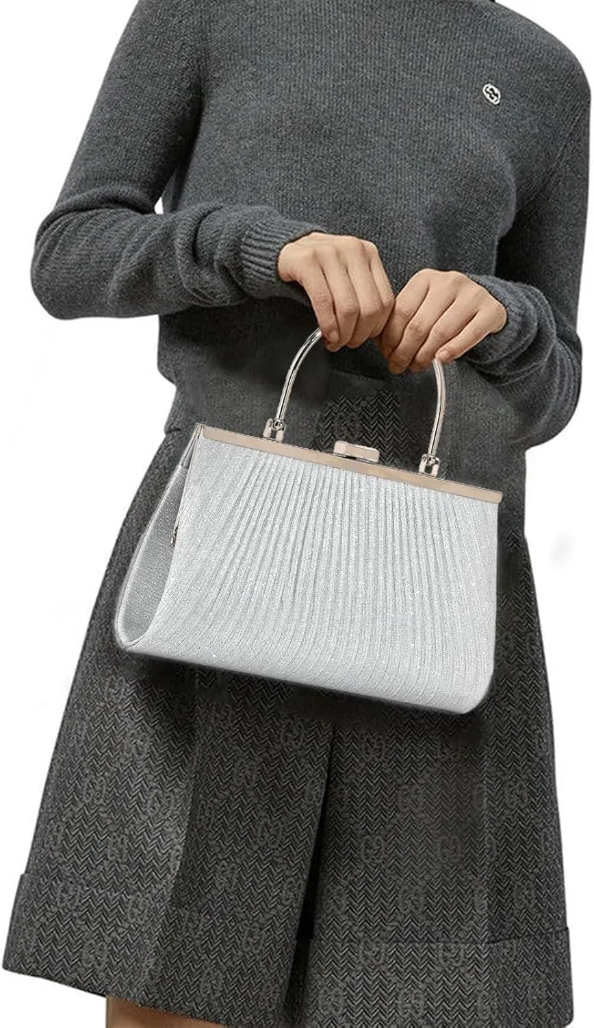 Evening Bag for Women Sparkly Handbag with Chain, Women's Shoulder Bag Pleated Clutch Purse for Wedding, Prom, Party