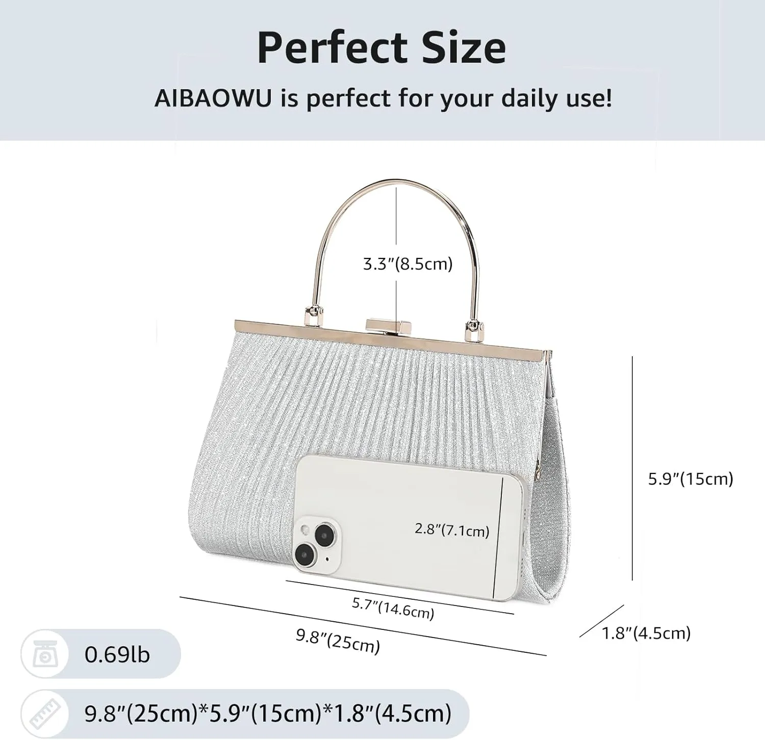 Evening Bag for Women Sparkly Handbag with Chain, Women's Shoulder Bag Pleated Clutch Purse for Wedding, Prom, Party