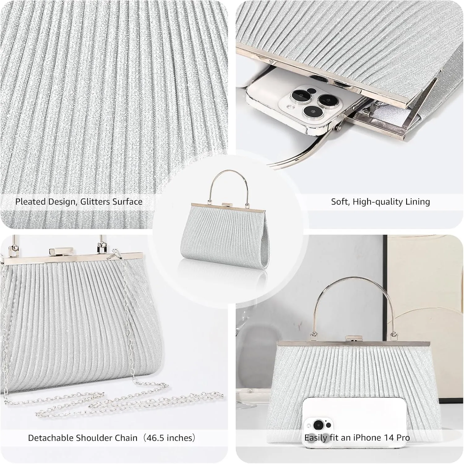 Evening Bag for Women Sparkly Handbag with Chain, Women's Shoulder Bag Pleated Clutch Purse for Wedding, Prom, Party