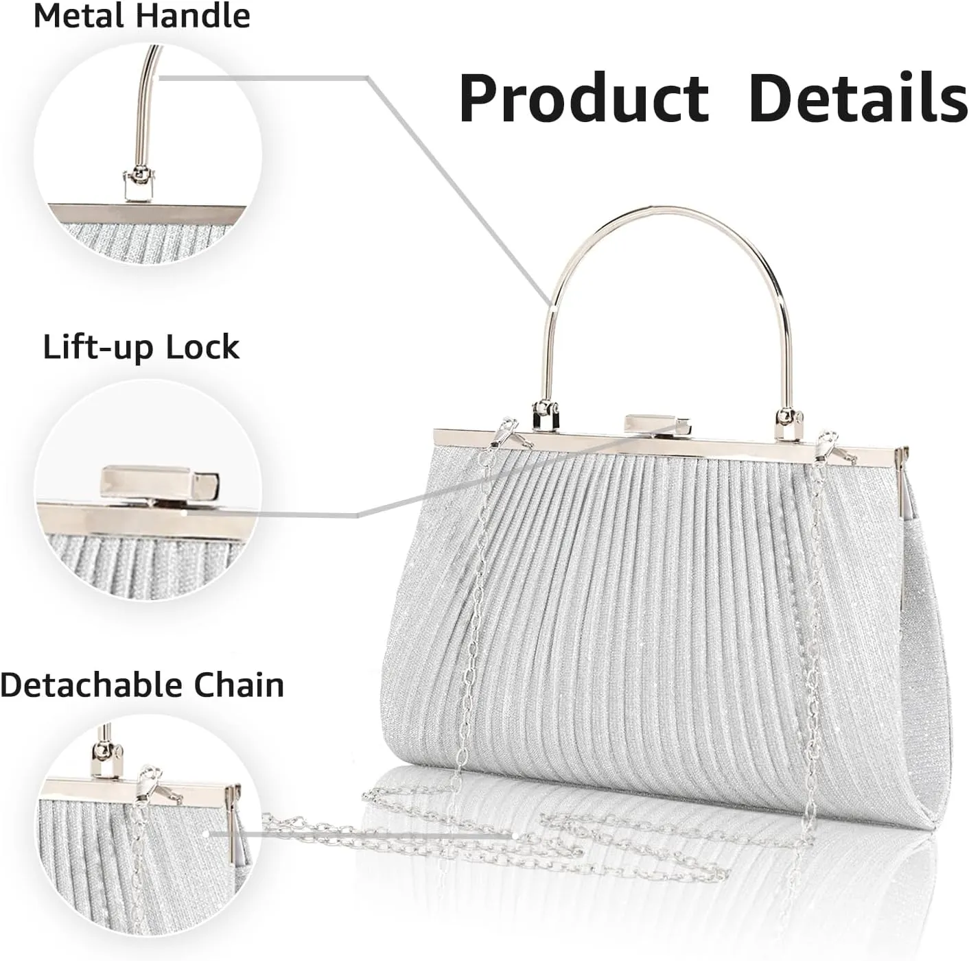 Evening Bag for Women Sparkly Handbag with Chain, Women's Shoulder Bag Pleated Clutch Purse for Wedding, Prom, Party