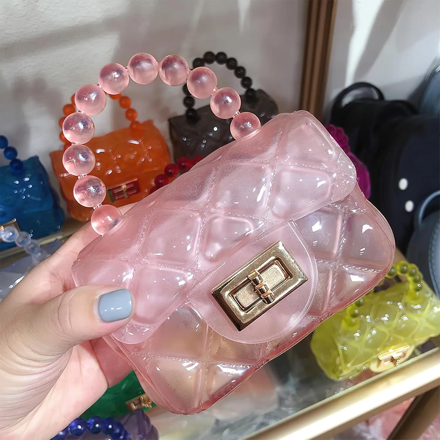 Girls Small Clear Jelly Purse Candy Color Transparent Tote Bag Handbag with Removable Shoulder Strap