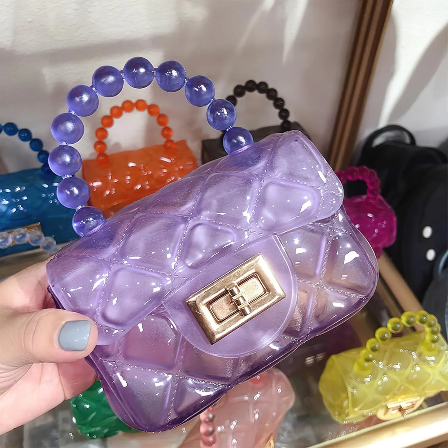 Girls Small Clear Jelly Purse Candy Color Transparent Tote Bag Handbag with Removable Shoulder Strap