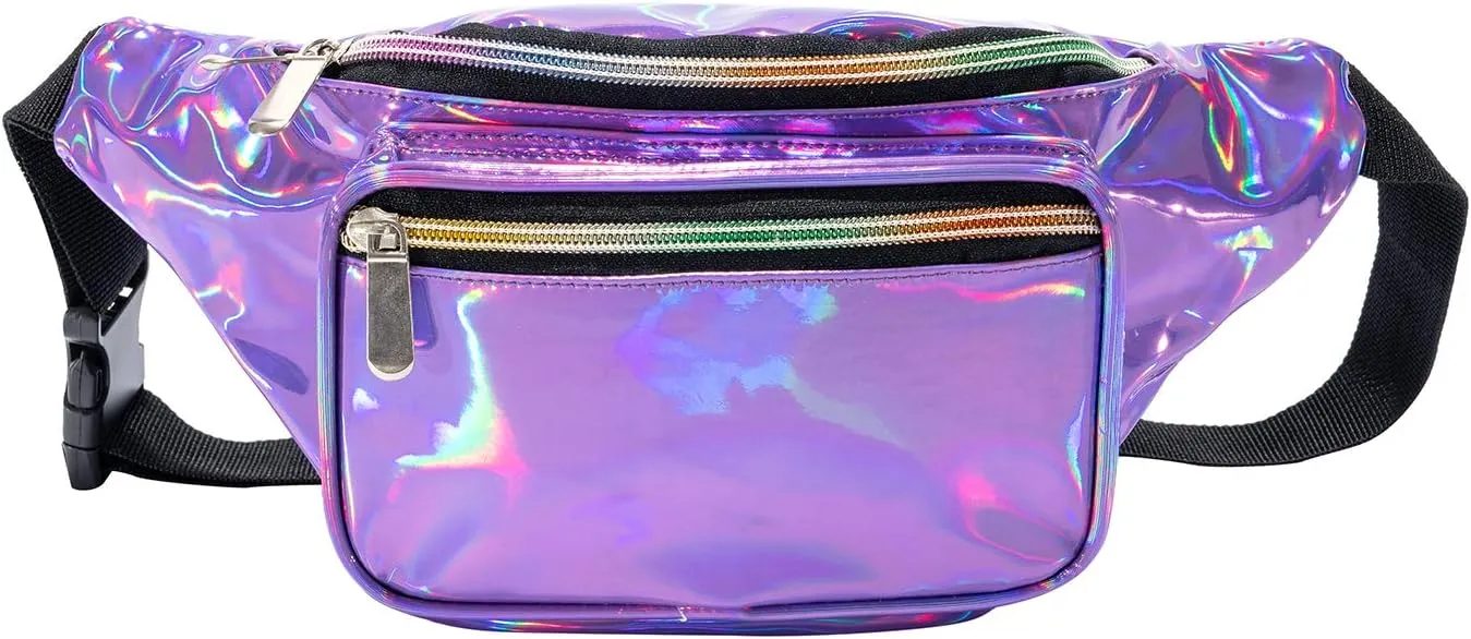 Holographic 80s 90S Rave Stars Neon Transparent Gravel Fanny Pack for Women - Great Waist Pack for Games, Concerts, Rave, Festival, Travel