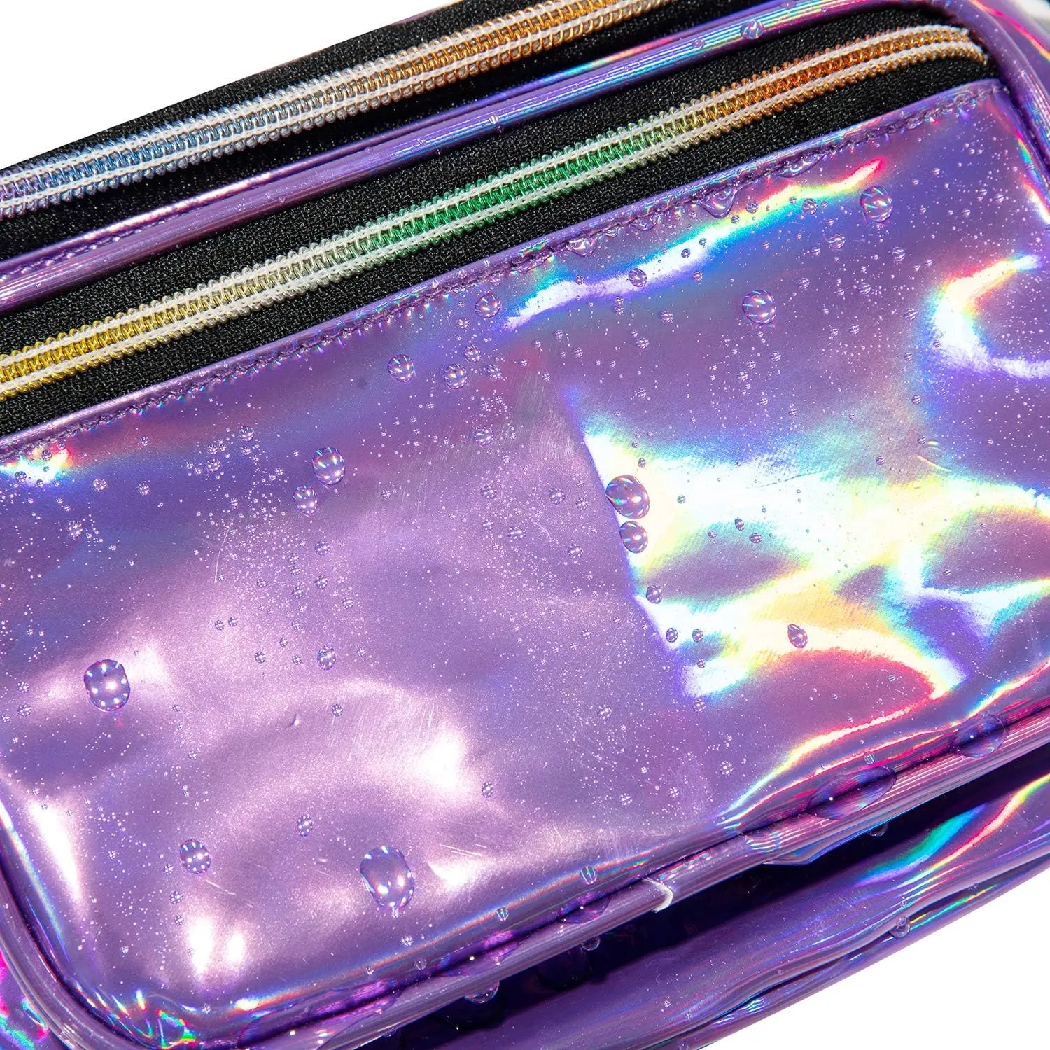 Holographic 80s 90S Rave Stars Neon Transparent Gravel Fanny Pack for Women - Great Waist Pack for Games, Concerts, Rave, Festival, Travel