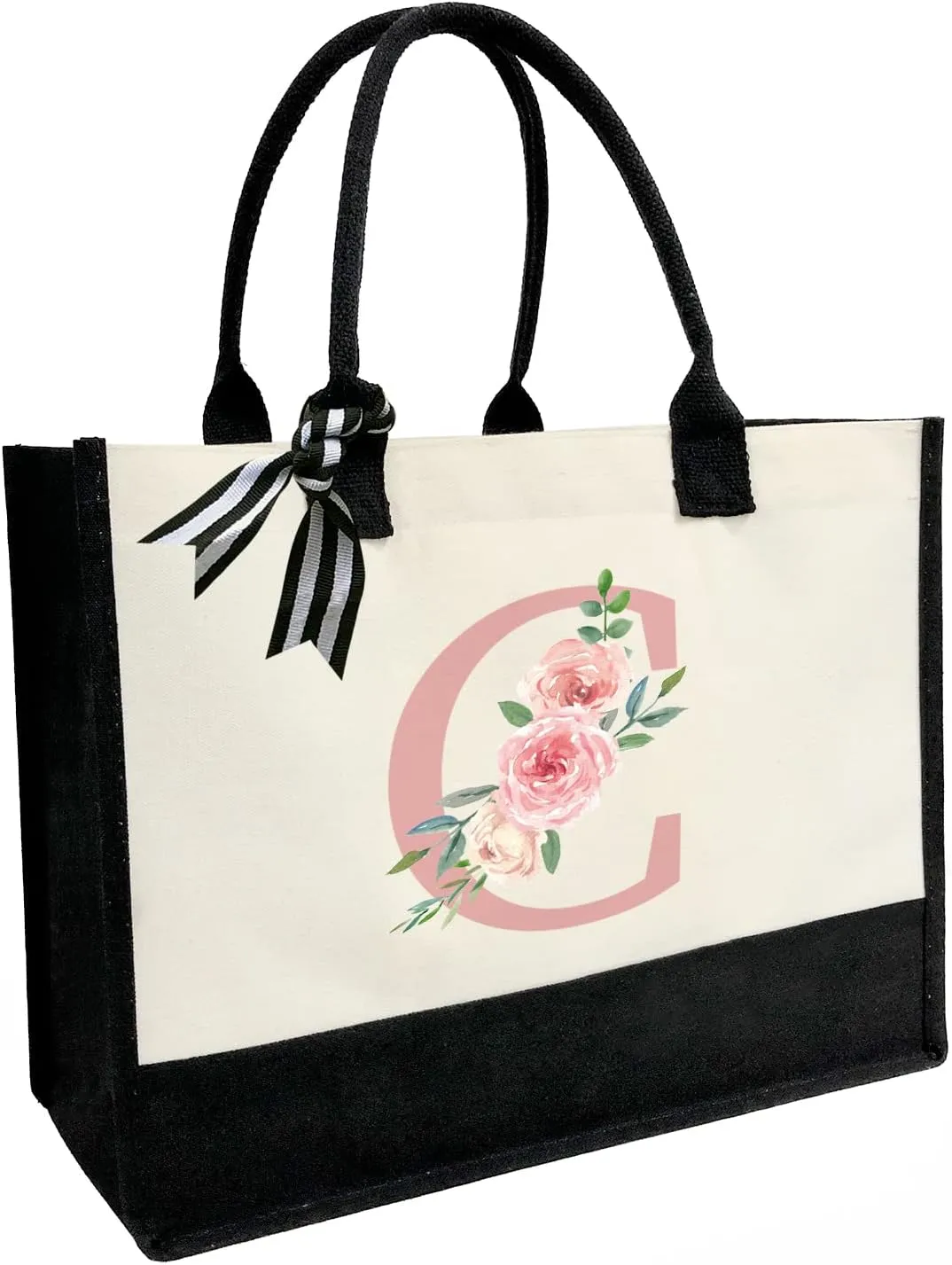 Initial Canvas Beach Tote Bag with Printed letter,Personalized Gifts for Women,Mom,Friends,Teachers and Bridesmaids