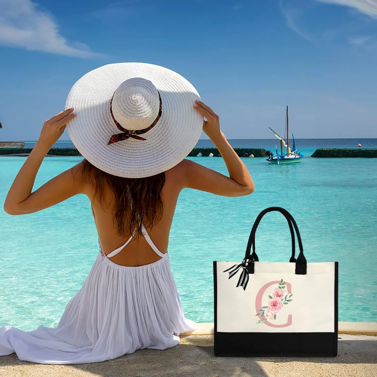 Initial Canvas Beach Tote Bag with Printed letter,Personalized Gifts for Women,Mom,Friends,Teachers and Bridesmaids
