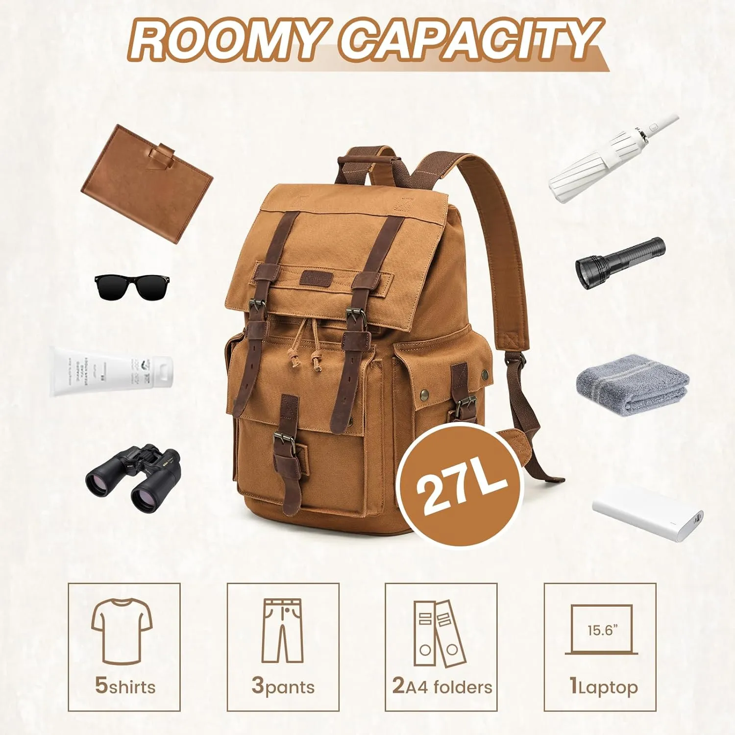 Kattee Mens Leather Canvas Backpack Large School Bag Travel Rucksack Khaki