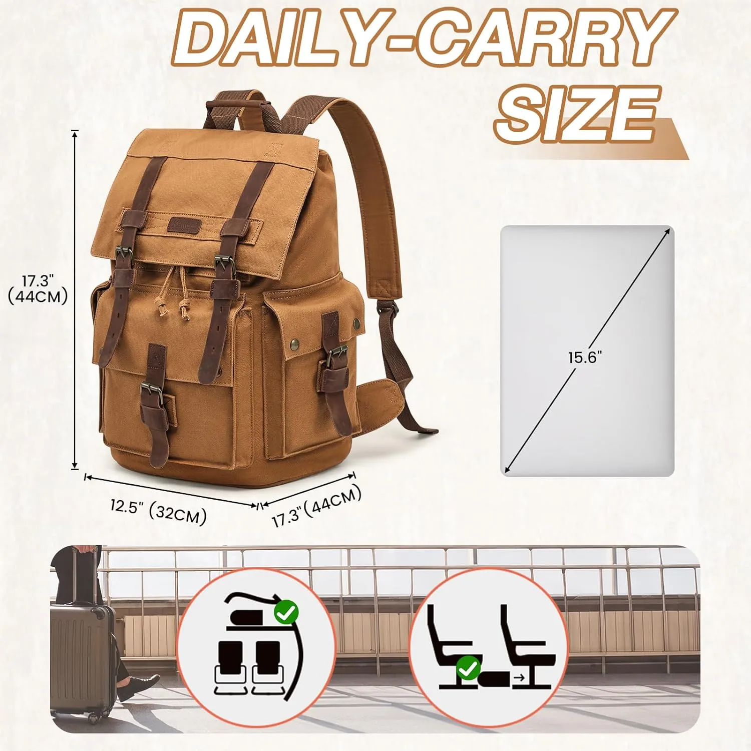Kattee Mens Leather Canvas Backpack Large School Bag Travel Rucksack Khaki