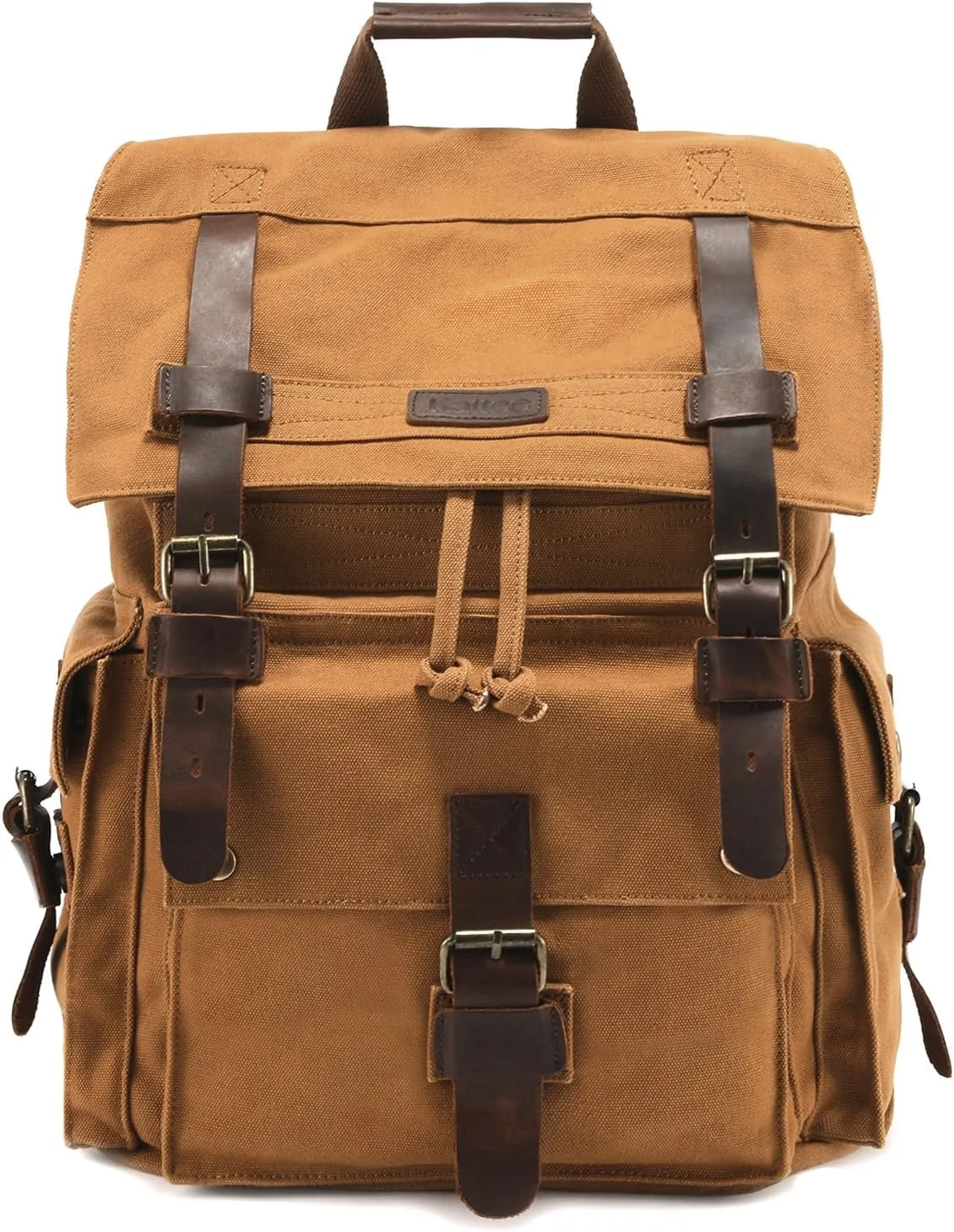 Kattee Mens Leather Canvas Backpack Large School Bag Travel Rucksack Khaki