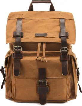 Kattee Mens Leather Canvas Backpack Large School Bag Travel Rucksack Khaki