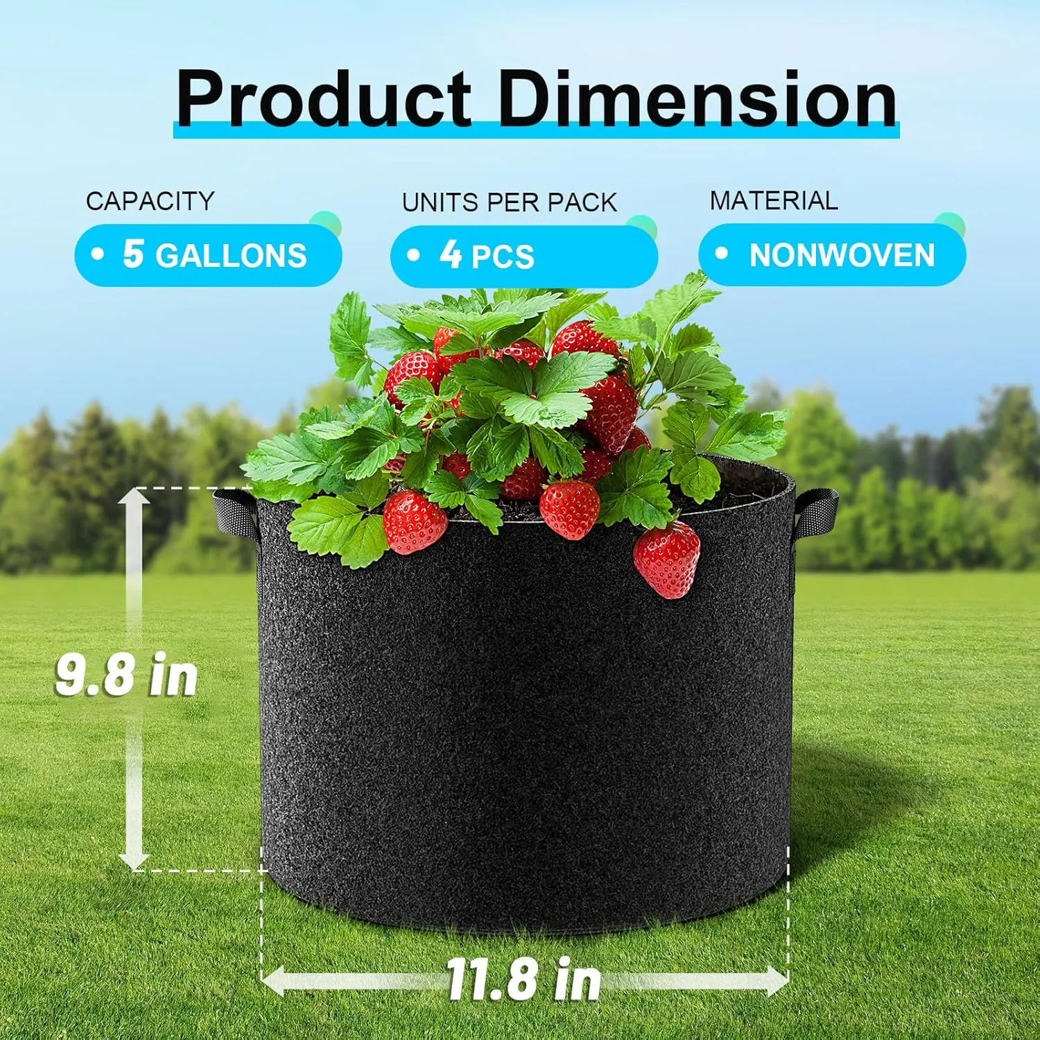 Land Guard 4-Pack Fabric Grow Bags 5 Gallon, 300G Thickened Nonwoven Plant Grow Bags, Grow Pots for Plants, Growing Bags with Handles, Planting Bags for Vegetables, Black
