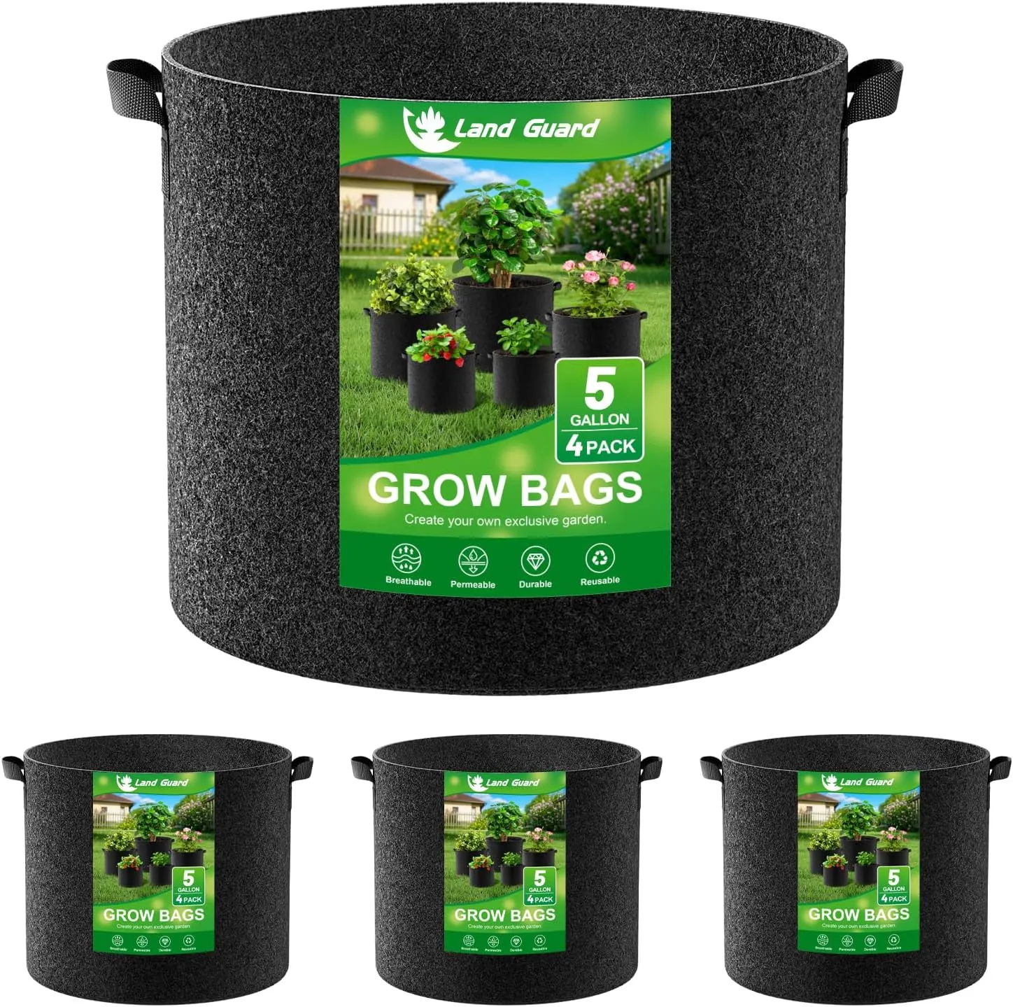 Land Guard 4-Pack Fabric Grow Bags 5 Gallon, 300G Thickened Nonwoven Plant Grow Bags, Grow Pots for Plants, Growing Bags with Handles, Planting Bags for Vegetables, Black