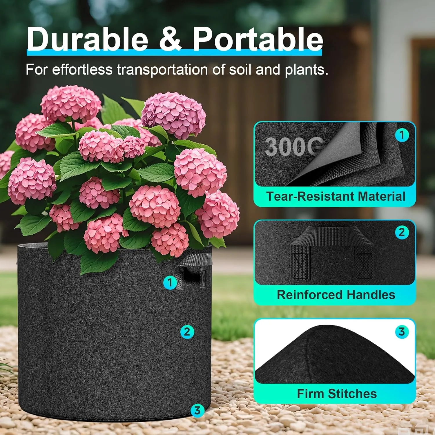 Land Guard 4-Pack Fabric Grow Bags 5 Gallon, 300G Thickened Nonwoven Plant Grow Bags, Grow Pots for Plants, Growing Bags with Handles, Planting Bags for Vegetables, Black