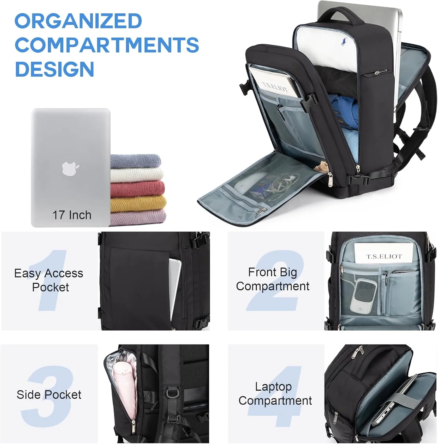 RDTGO Travel Backpack For Women, 40L Carry-On Backpack, Airline Approved Personal Item Bag, Waterproof Laptop Backpack with Large Duffel, Casual Daypack for Buisness Gym Weekend Hiking (Black)