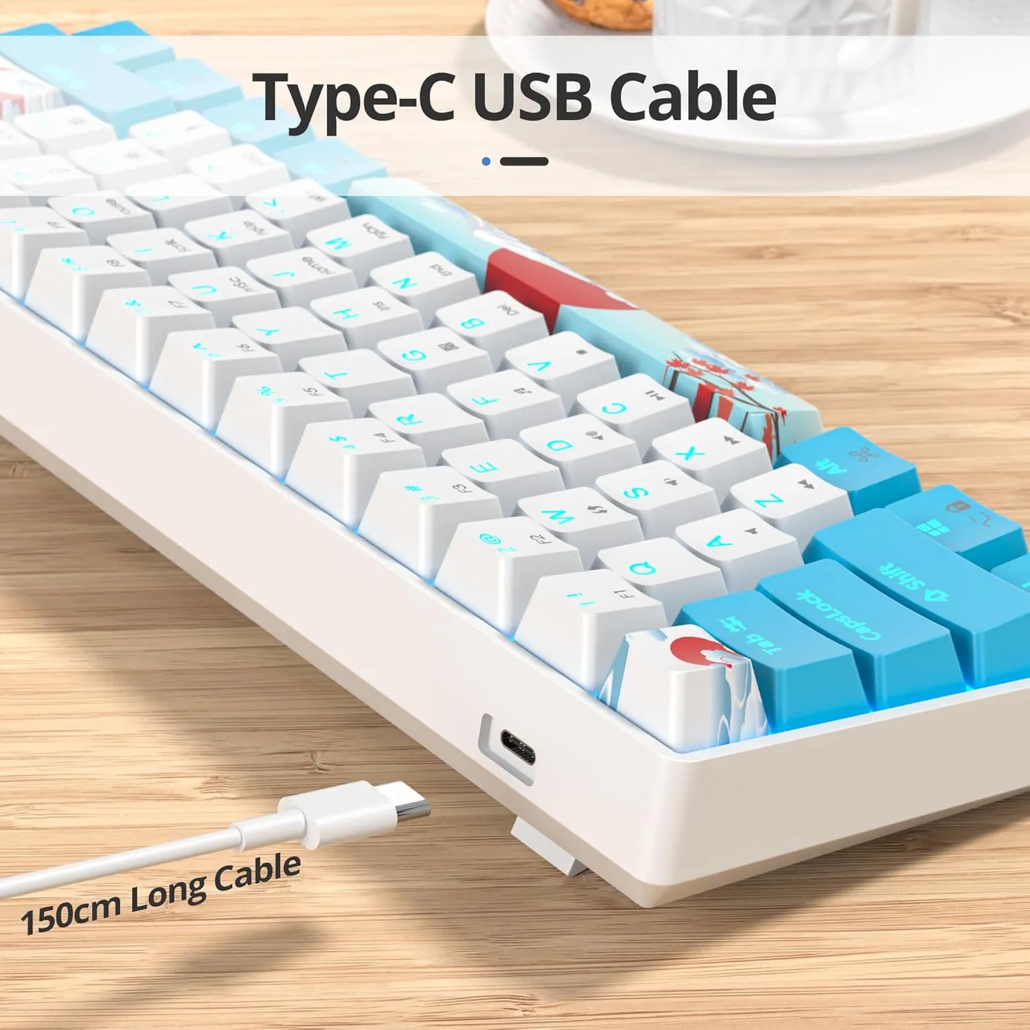 surmen 60% Wired Mechanical Gaming Keyboard, Backlit Ultra-Compact Mini Office Keyboard with Red Switch for PC/Mac Gamer, Typist (61 Blue White)