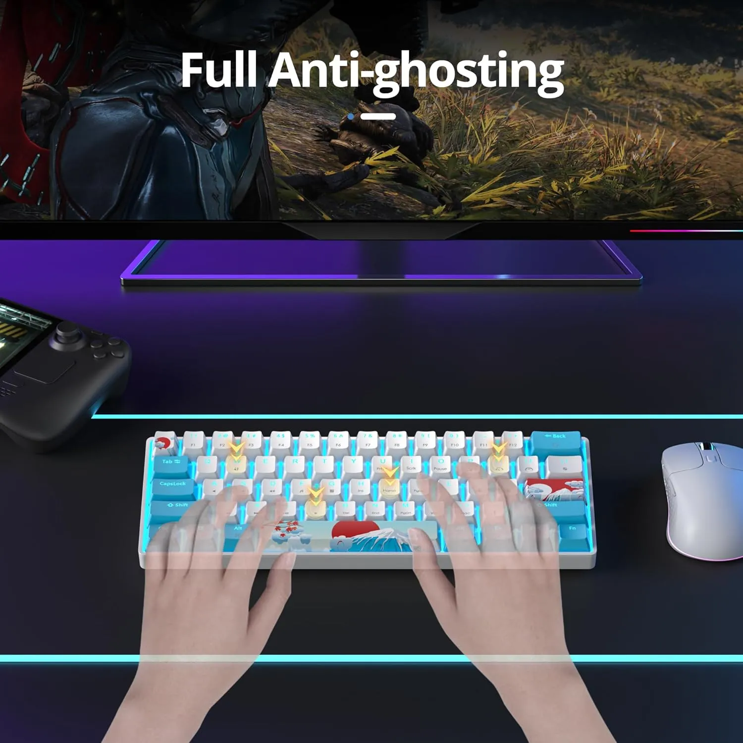 surmen 60% Wired Mechanical Gaming Keyboard, Backlit Ultra-Compact Mini Office Keyboard with Red Switch for PC/Mac Gamer, Typist (61 Blue White)