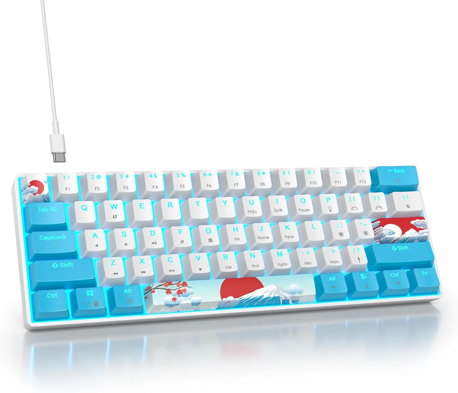 surmen 60% Wired Mechanical Gaming Keyboard, Backlit Ultra-Compact Mini Office Keyboard with Red Switch for PC/Mac Gamer, Typist (61 Blue White)