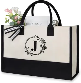 TOPDesign Personalized Initial Jute/Canvas Beach Bag, Monogrammed Gift Tote Bag for Women