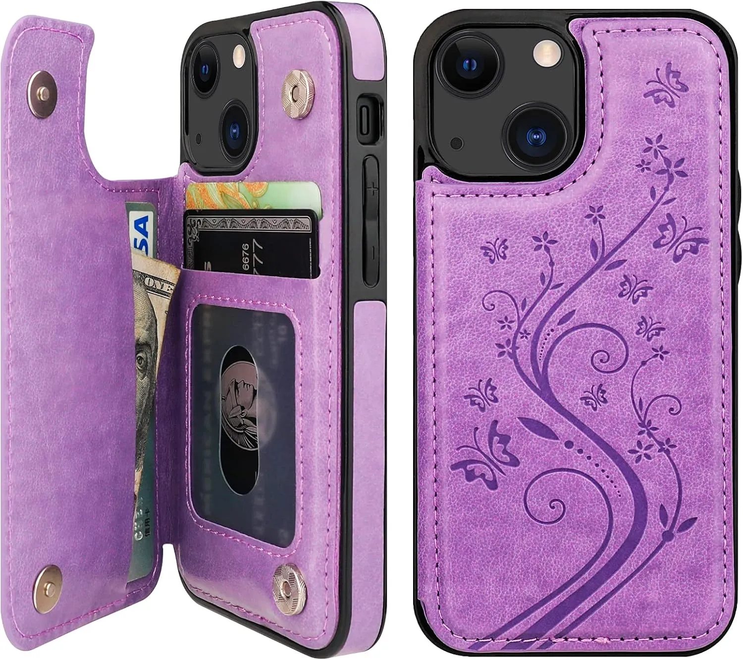Vaburs Compatible with iPhone 13 Mini Case Wallet with Card Holder, Embossed Butterfly Pattern PU Leather Double Buttons Flip Shockproof Protective Cover for Magnetic Car Mount 5.4 Inch (Purple)