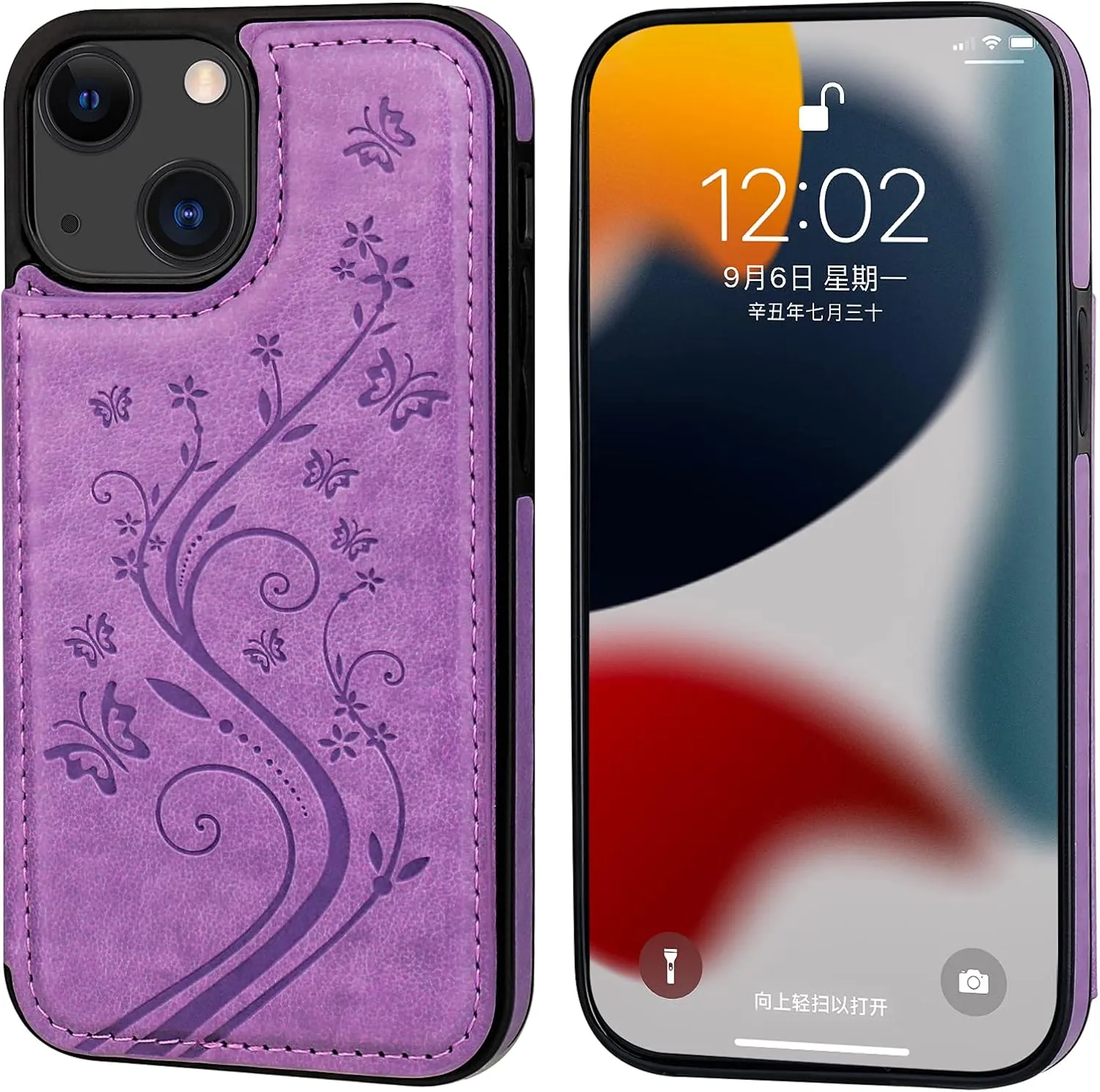 Vaburs Compatible with iPhone 13 Mini Case Wallet with Card Holder, Embossed Butterfly Pattern PU Leather Double Buttons Flip Shockproof Protective Cover for Magnetic Car Mount 5.4 Inch (Purple)