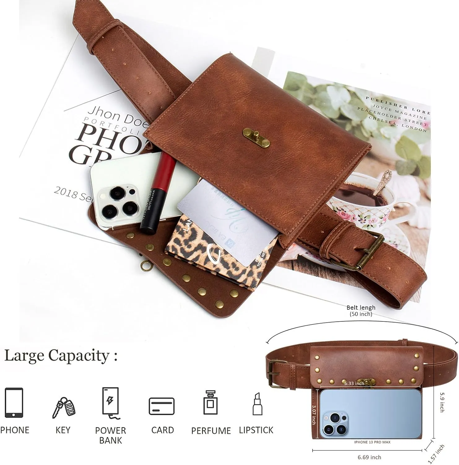 Waist Bag Belt Purse Fanny Pack Crossbody Motorcycle Hiking Phone Holder Wallet Vintage Leather Casual Fashion Daypack Gothic Festival Costume Hip Pouch for Women Men (Double-H2)