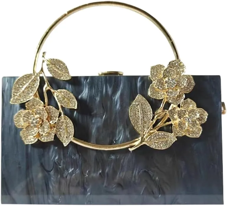 Women Acrylic Evening Clutch Marble Pattern Carved Circle Handle Handbag Square Box Bag for Evening Cocktail Prom