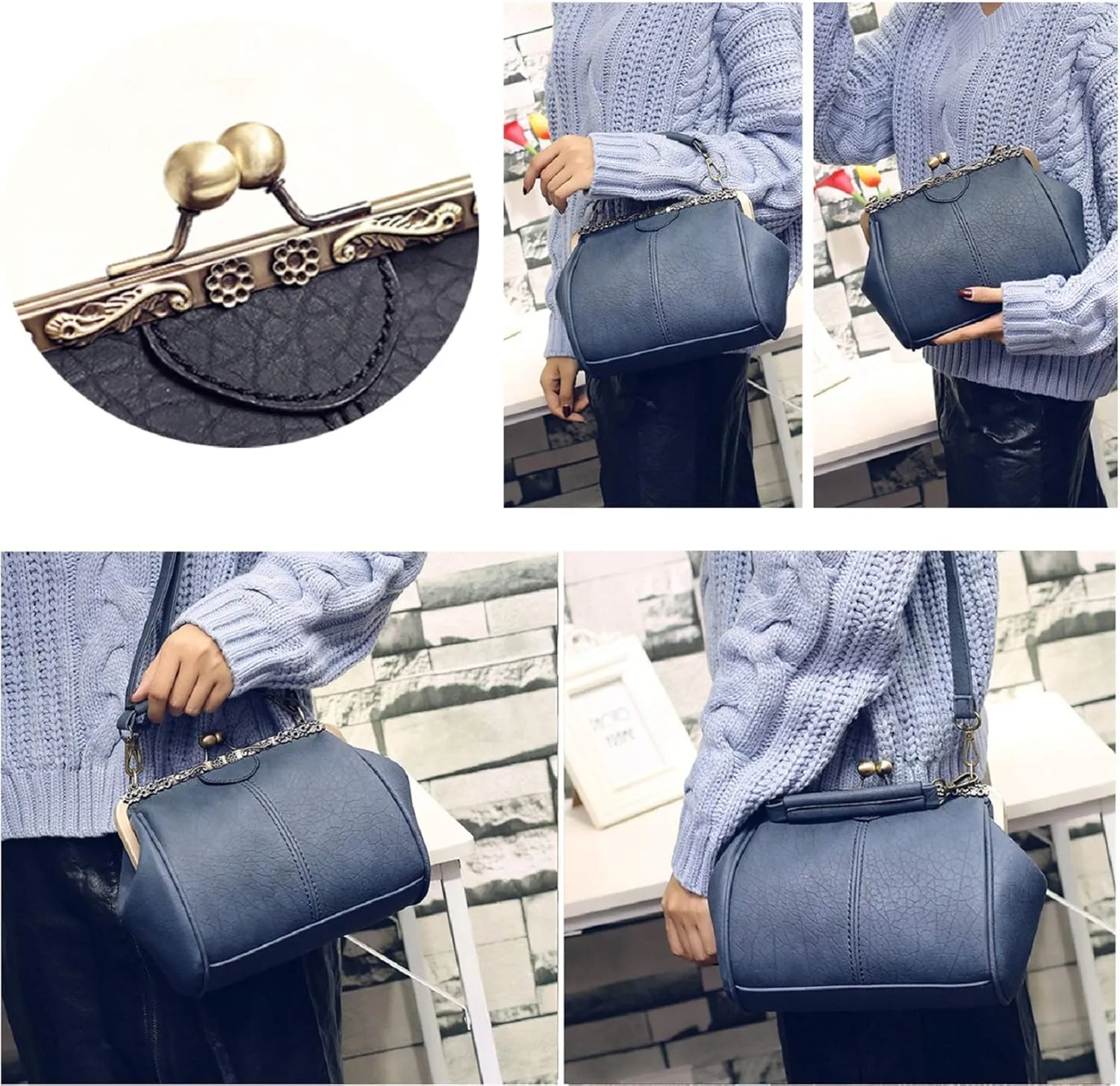 Women Wedding Vintage Pu Handbag - Kiss Lock Antique Minimalist Purse