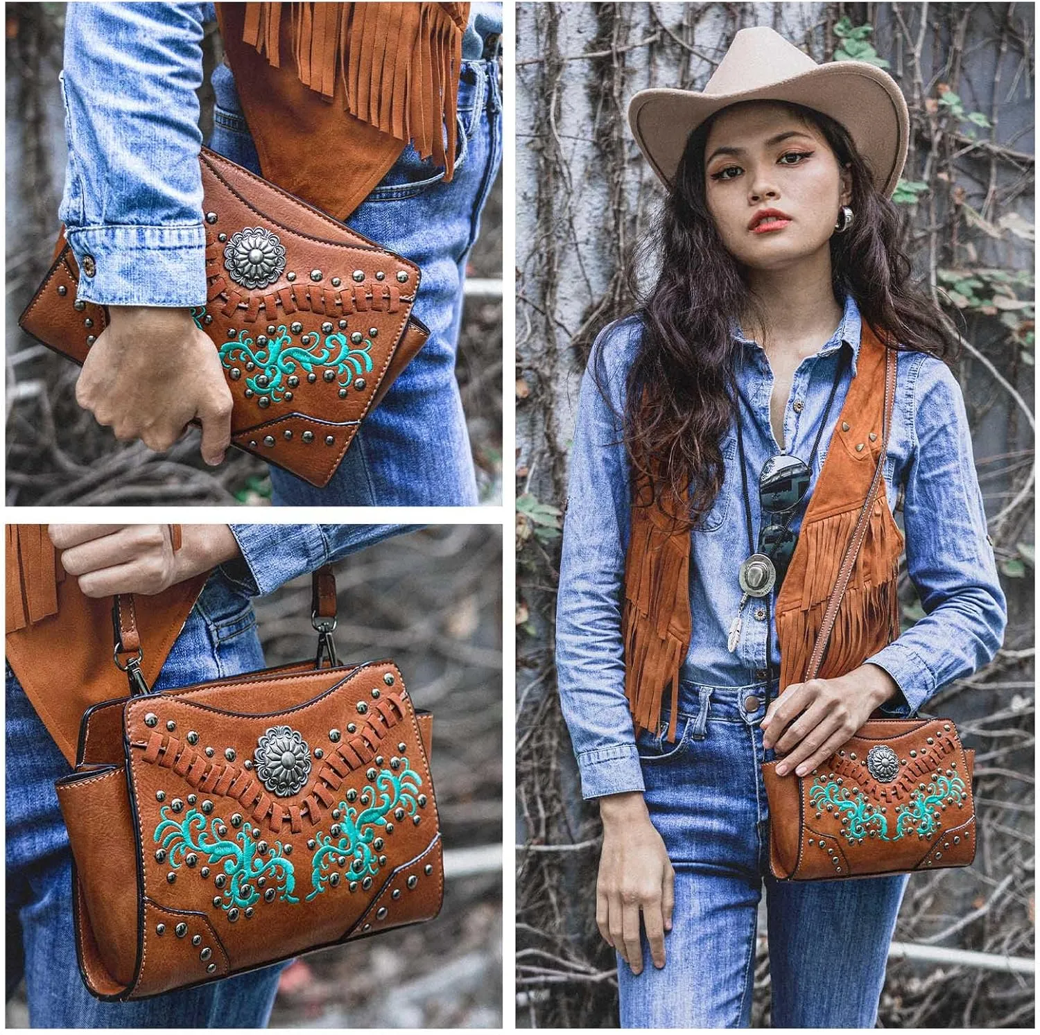 Women's Crossbody Handbag Small Vintage, Ladies Wallet Western Adjustable Phone Purse Clutch Turquoise Concho Embossed
