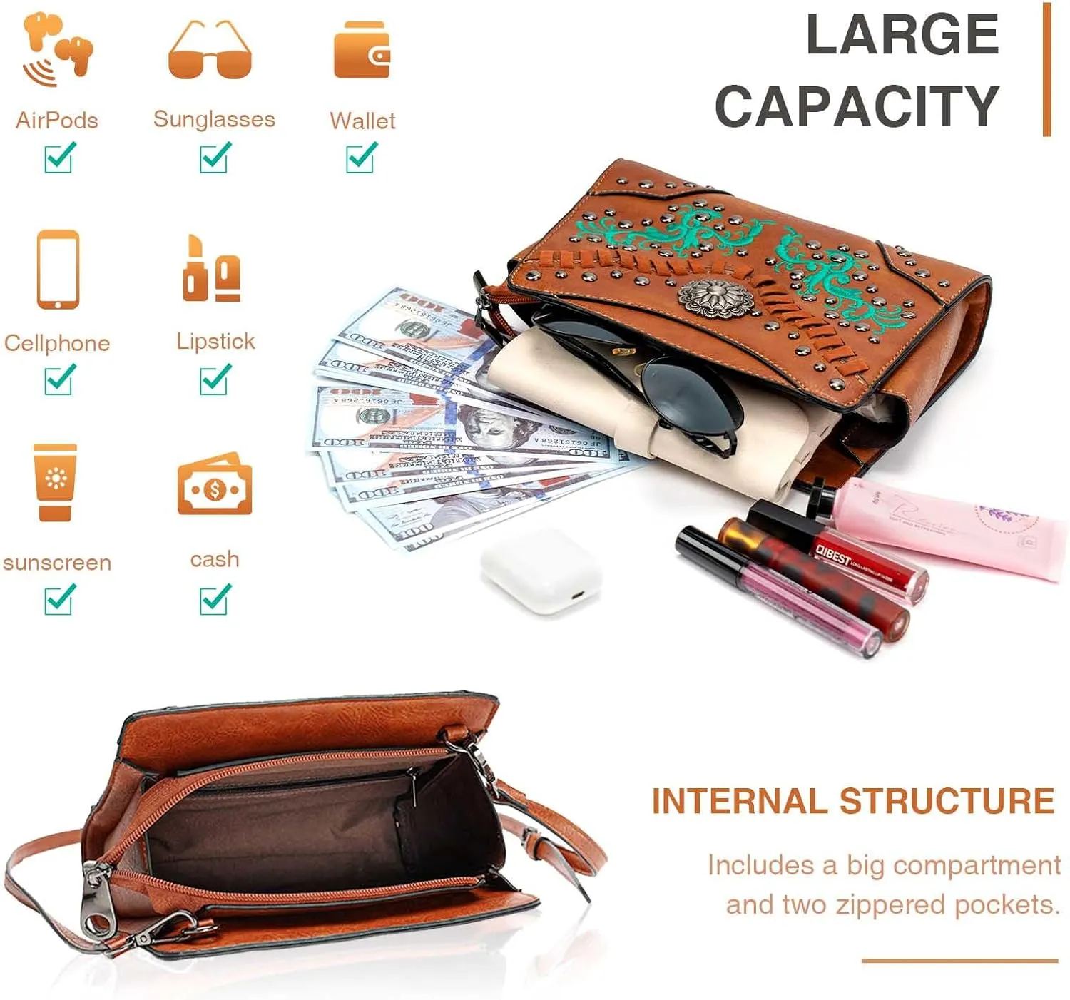 Women's Crossbody Handbag Small Vintage, Ladies Wallet Western Adjustable Phone Purse Clutch Turquoise Concho Embossed