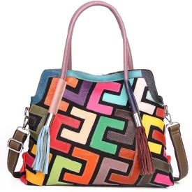 Women's Multicolor Big Boston Bag Genuine Leather RANDOM Colorful Patchwork Large Tote Handbag Hobo Crossbody Purses