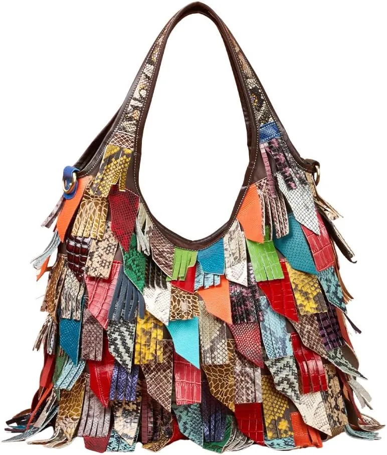 Womens Multicolor Boston Bag Genuine Leather Colorful Large Tote Handbag Purse