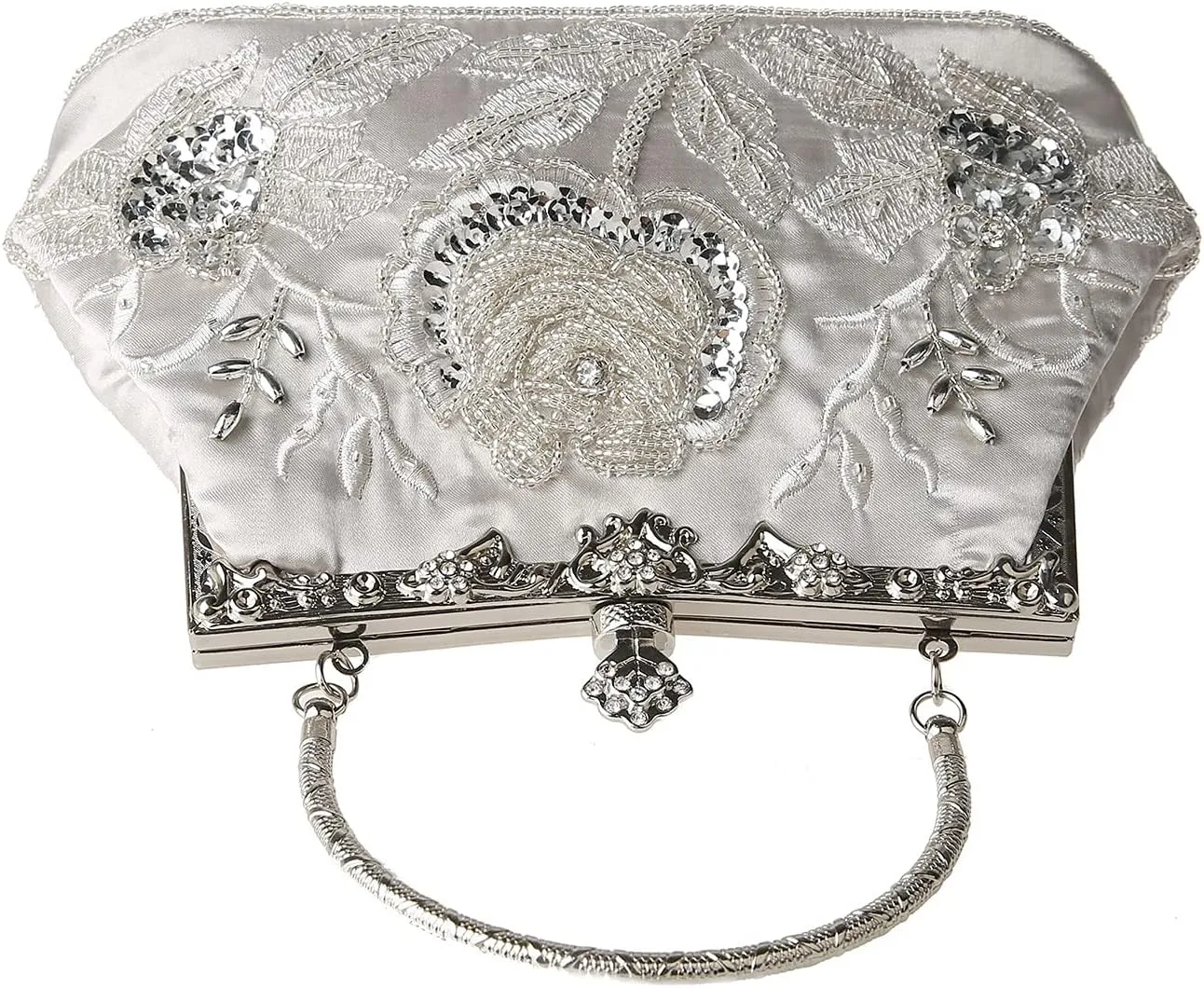 Womens Vintage Floral Beaded Rhinestone Embroidery Clutch Sequin Crossbody Bag Evening Handbag for Bridal Wedding Party Prom