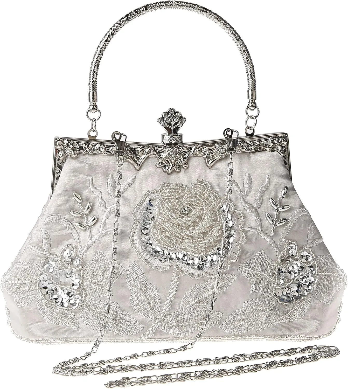 Womens Vintage Floral Beaded Rhinestone Embroidery Clutch Sequin Crossbody Bag Evening Handbag for Bridal Wedding Party Prom